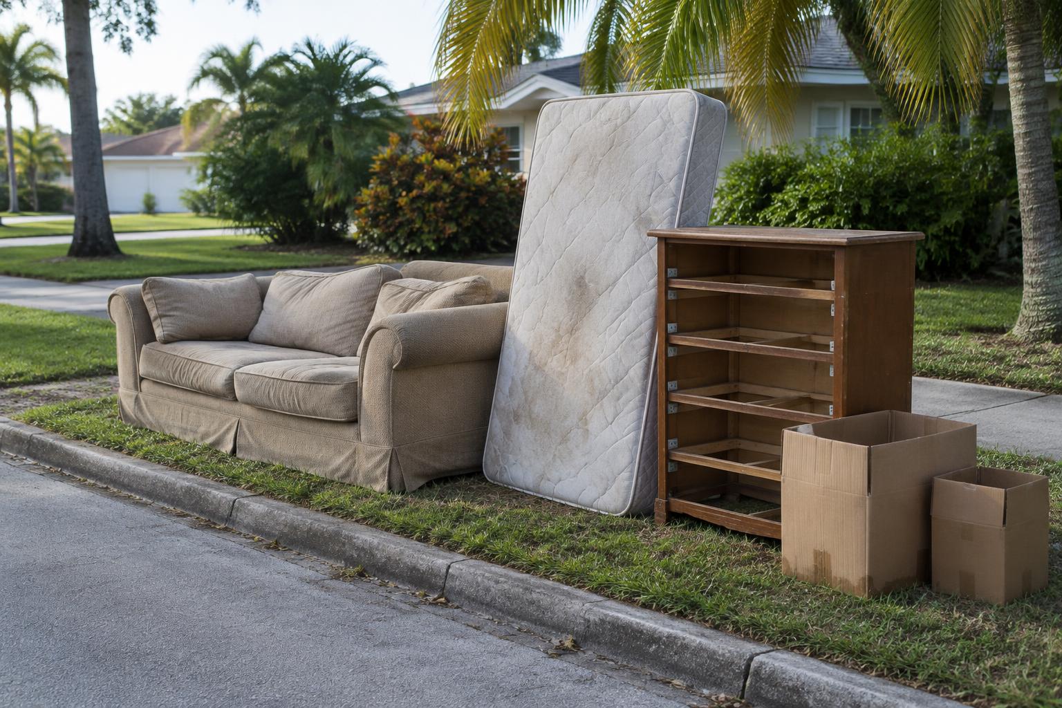 An old sofa, a mattress, a dresser and boxes left at a Fort Myers curb
